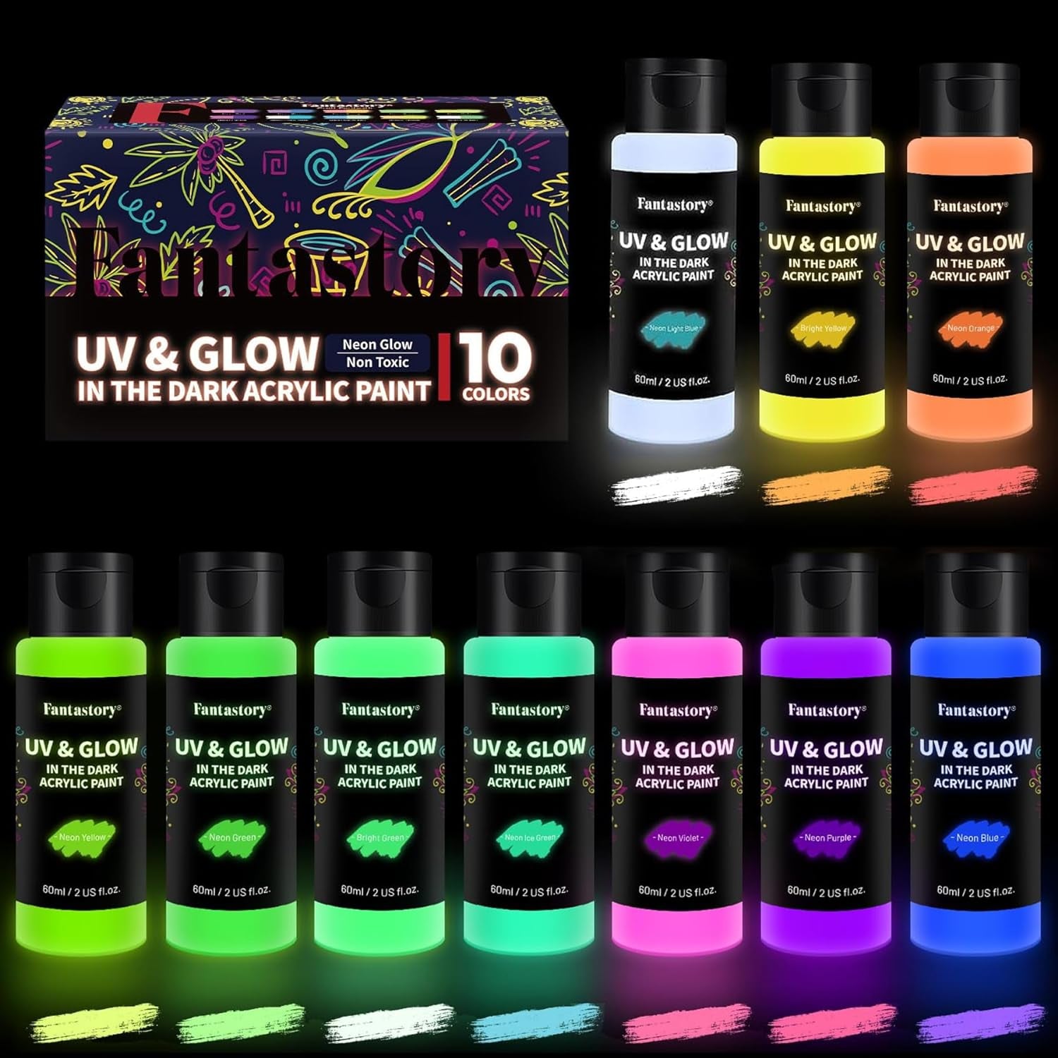 Glow in the Dark Paint, 60Ml/2Oz Neon Glow Acrylic Paints, 2IN1 Paint,Charge-Glow& UV Activated for Outdoor Rocks, DIY Craft,Canvas,Holiday Decor,Christmas,Kids,Adults