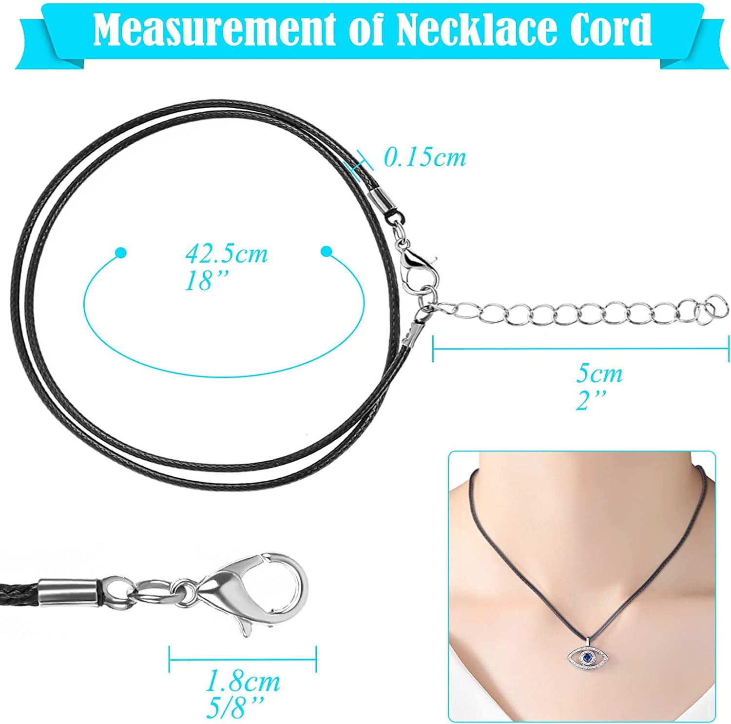 150Pcs Black Necklace String Cord Bulk for Charms Pendants, Waxed Cotton Cord with Jewelry Clasps for Bracelets, Necklaces, Jewelry Making and Beading Supplies