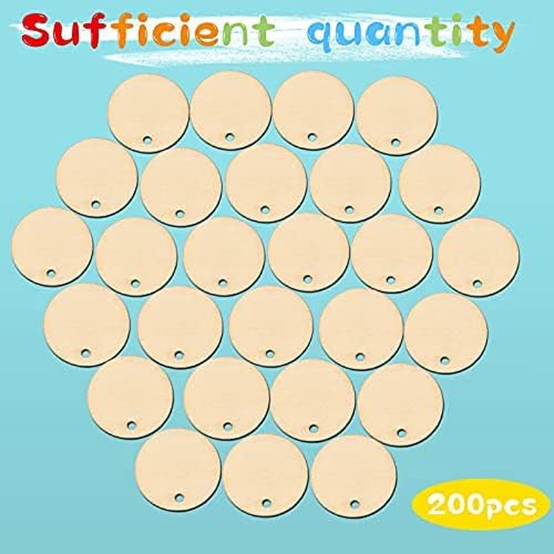 200 Pieces Unfinished Blank Wood Circle Pendants round Disc Circle Wood Pieces round Wooden Disk with Hole Small Wooden Pendant for Craft Decoration Embellishment (Diameter 1 Inch, Aperture 0.08 Inch)