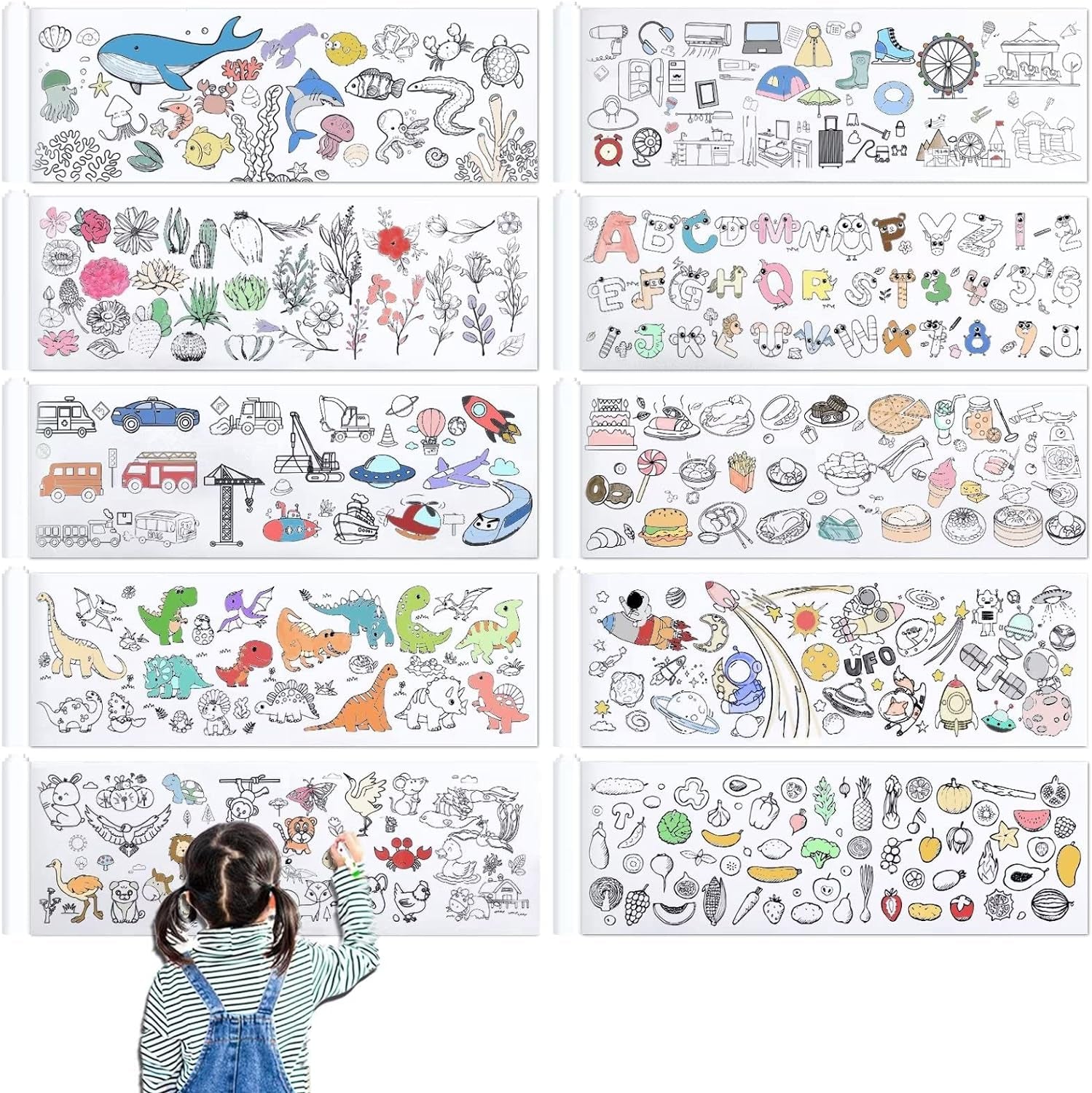 10 Pieces Children Drawing Roll, 12×39 Inches Coloring Paper Roll, DIY Painting Color Filling Paper for Kids