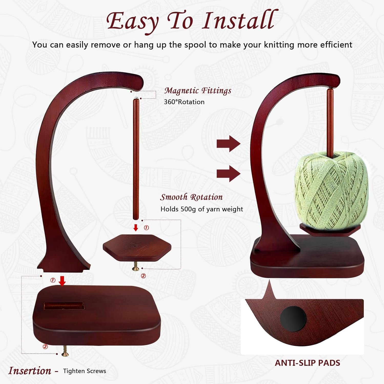 Yarn Ball Holder for Knitting and Crocheting, Wooden Yarn Spinner with Magnetic Metal Twirling Mechanism and Anti-Slip Pads, Crochet Gift for Knitting Lovers