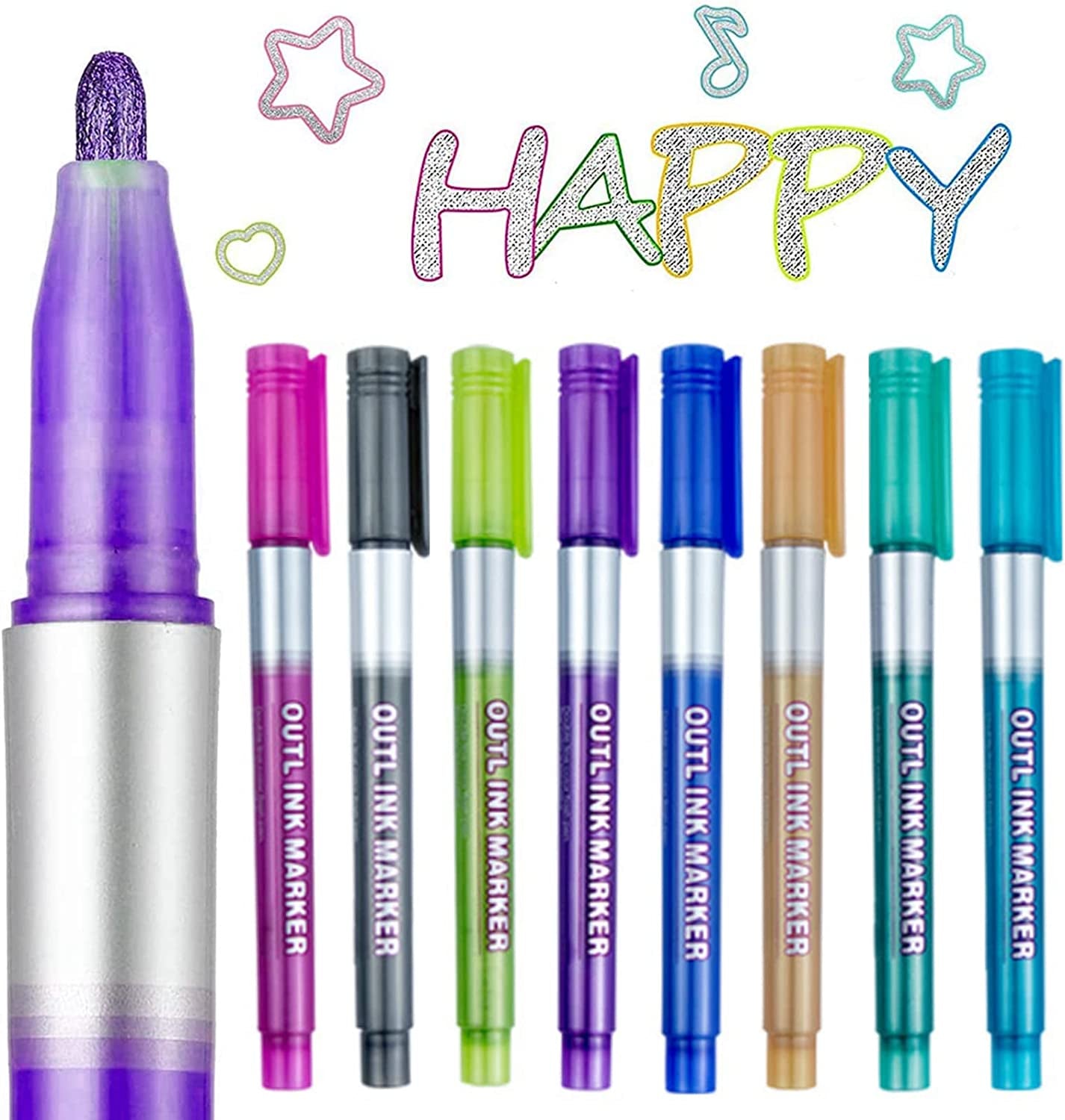 Outline Markers Pens, 8 Colors Double Line Markers Sel-Outline Metallic Markers Shimmer Markers for Art, Christmas, Greeting Cards, DIY, Scrapbook, Easter Egg