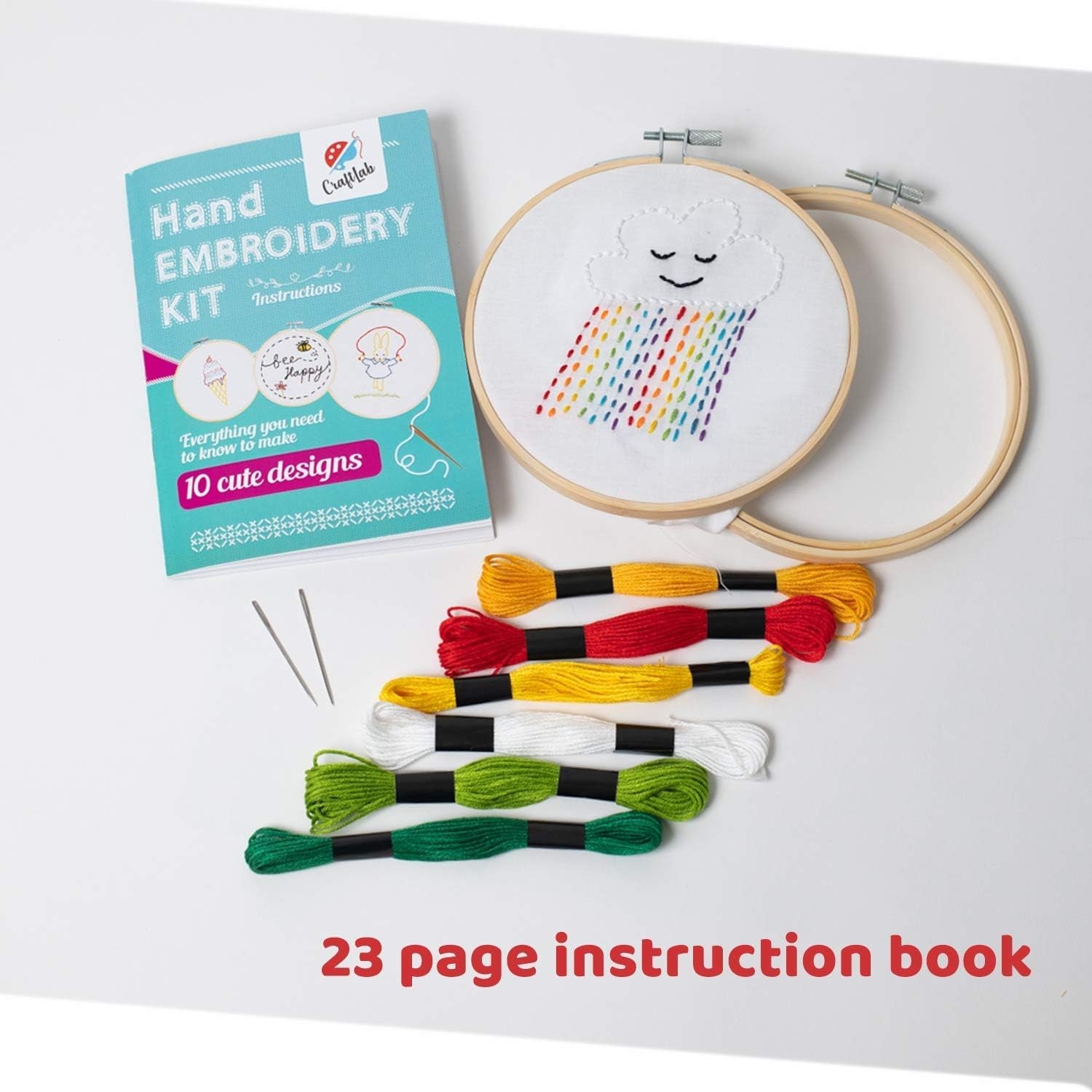 Embroidery Sewing Kit for Beginners, Kids Craft Kit Gift for Girls Boys Ages 8-12, 10 Projects, Embroidery Hoops, Fabric, Patterns, Floss, Needles, Needlepoint Cross Stitching Supplies