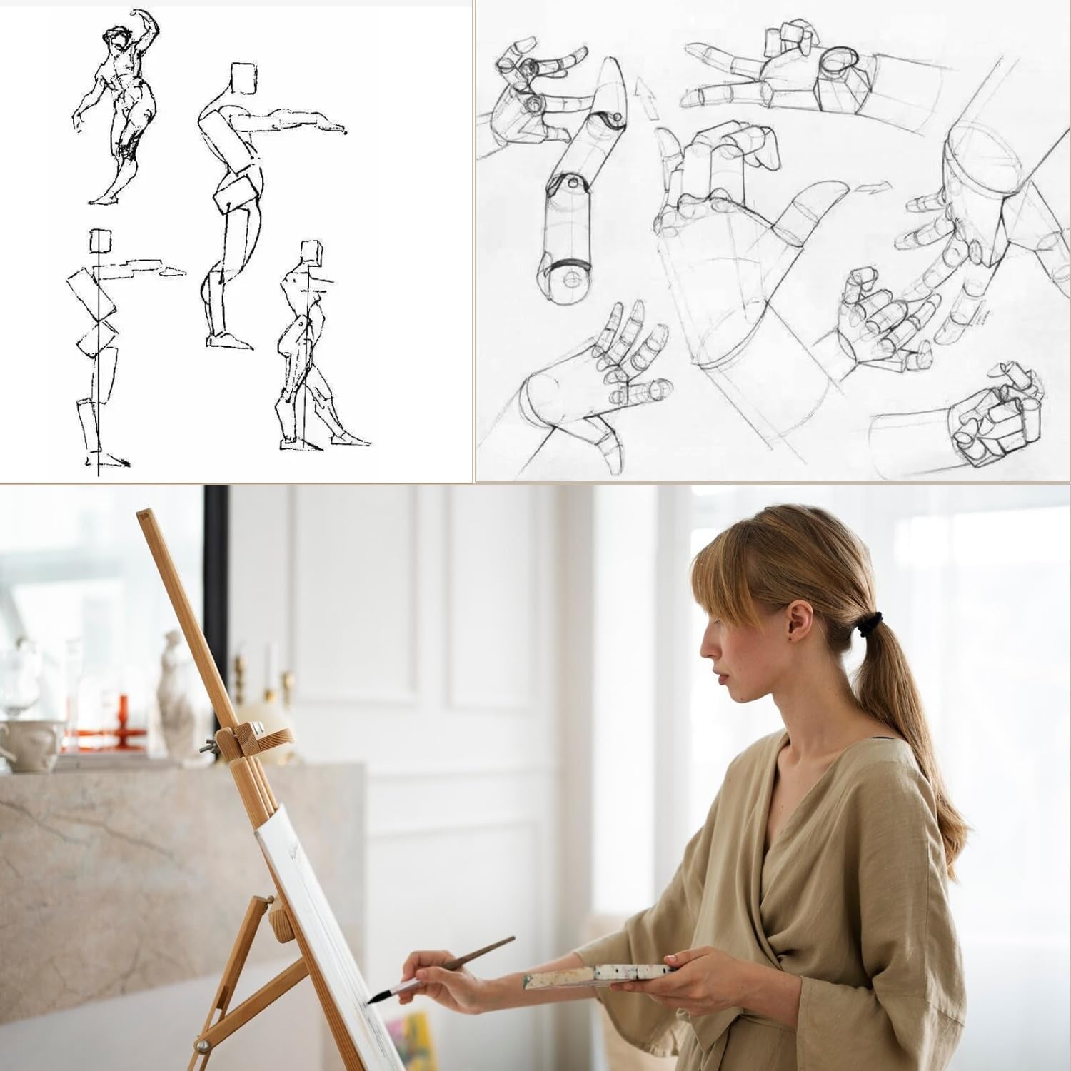 2-Pack 8" Artists Wooden Drawing Figure Mannequin Human People Dolls Figure Manikin Supplies Stop Motion Figure Kit Drawing Tools 12" Wooden Manican Fingers Left Hand for Drawing,Painting,Sketching