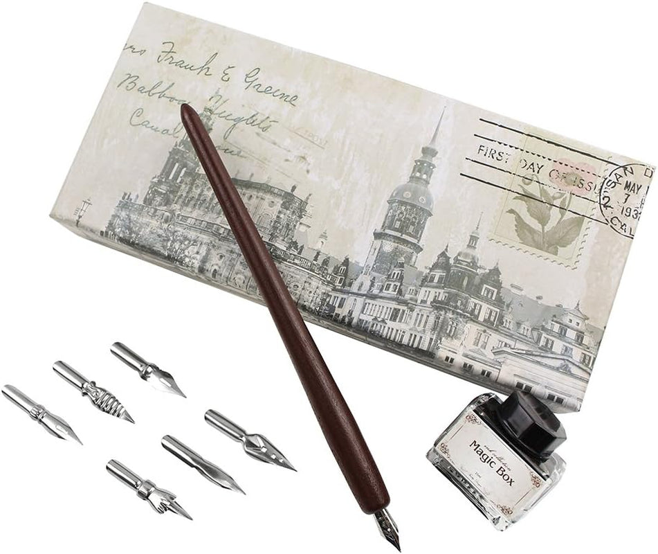 Dip Pen for Drawing with Ink - Antique Wooden Calligraphy Kits for Beginners with 6 Replaceable Nibs