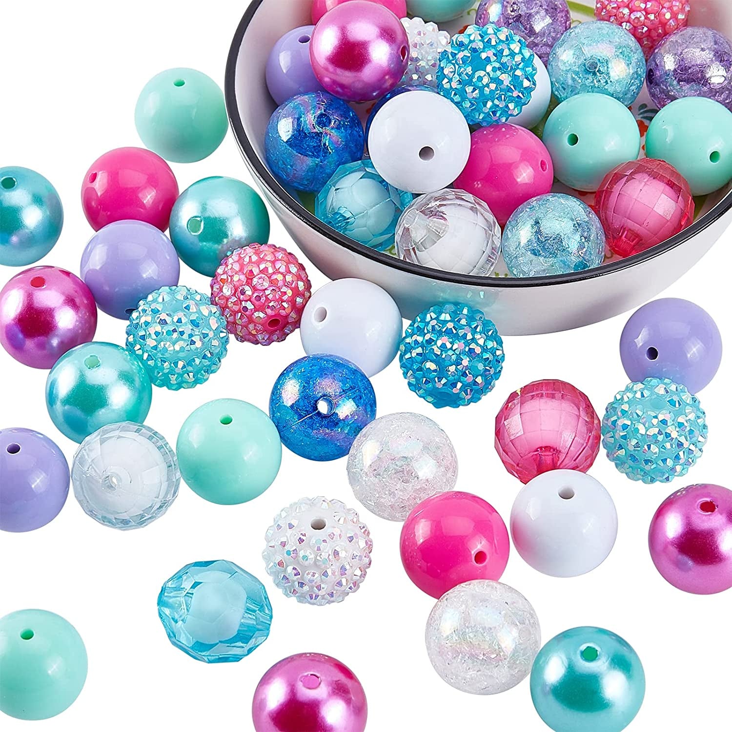 50Pcs Chunk Beads, 20Mm Focal Beads Bubblegum Beads Colorful Pen Beads Large Rhinestone Pearl Beads Loose Beads Spacer Beads for Pen School Jewelry Bracelet Necklace Keychain Craft Making