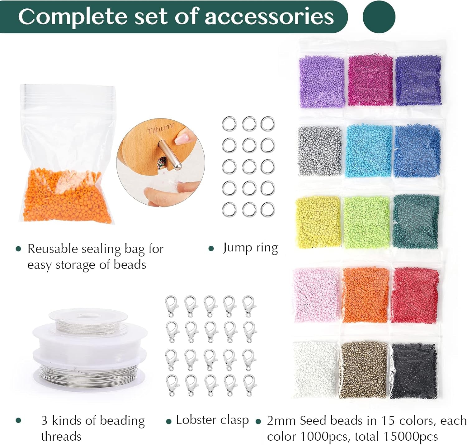 Bead Spinner Kit with 5 Quick Changed Bowls, 4.4" Clay Bead Spinner with 15,000 Beads (15 Colors) and 2 Big Eye Needles, Beading Supplies for Jewelry Making