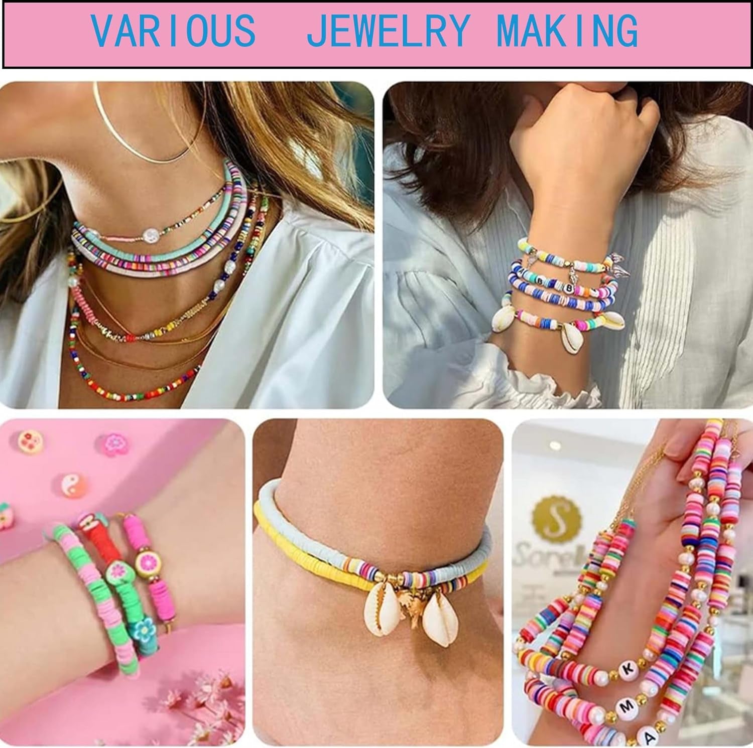 Clay Beads Bracelet Making Kit, 144 Colors Flat Polymer Friendship Spacer Heishi Beads for Jewelry Making with Letter Beads and Elastic Strings, 2025 Crafts Christmas Gift (144 Colors)