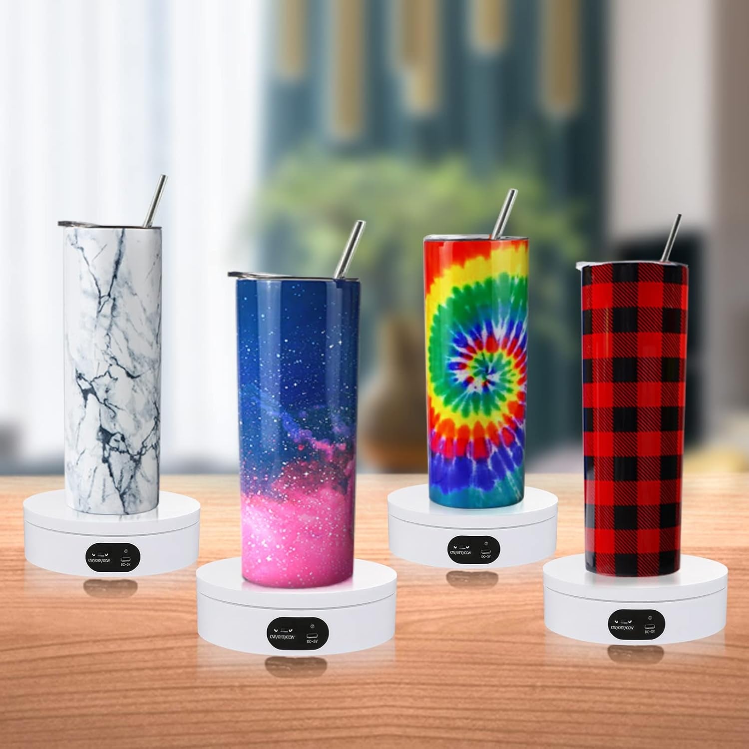 Exhibition Stand for Sublimation Tumbler, 360° Automatic Mute Rotating Revolving Platform 12Oz, 20Oz&50Oz Heat Press Blanks Tumblers Skinny Straight, Cup(White), White-01 (ZT-001)