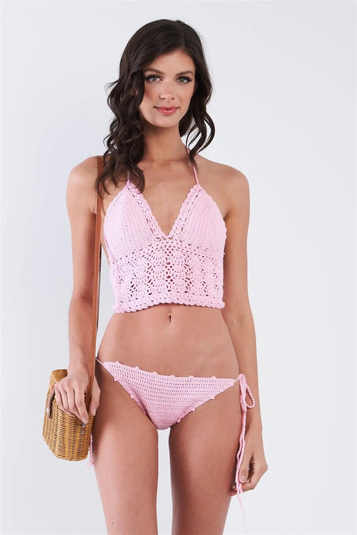 Pink Self-Tie Halter Neck Crochet Two Piece Swimsuit - OS