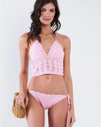 Pink Self-Tie Halter Neck Crochet Two Piece Swimsuit - OS