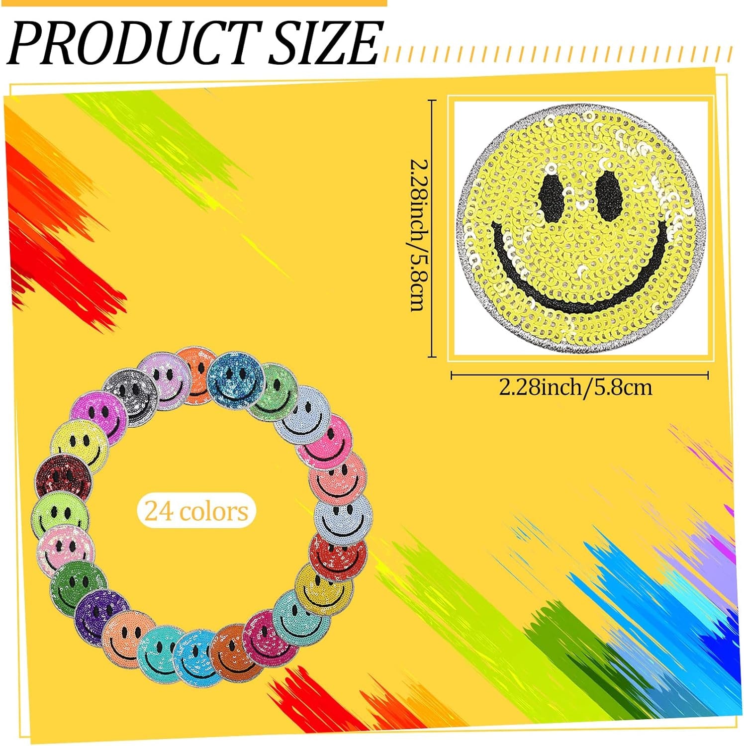 24 Pcs Smile Face Patch Iron on Patches 2 Inch Chenille Cute Preppy Happy Face Patches Glitter Heat Sequins Applique for Backpacks Hats Clothes Jackets Decorative DIY Craft(Sequin Style)