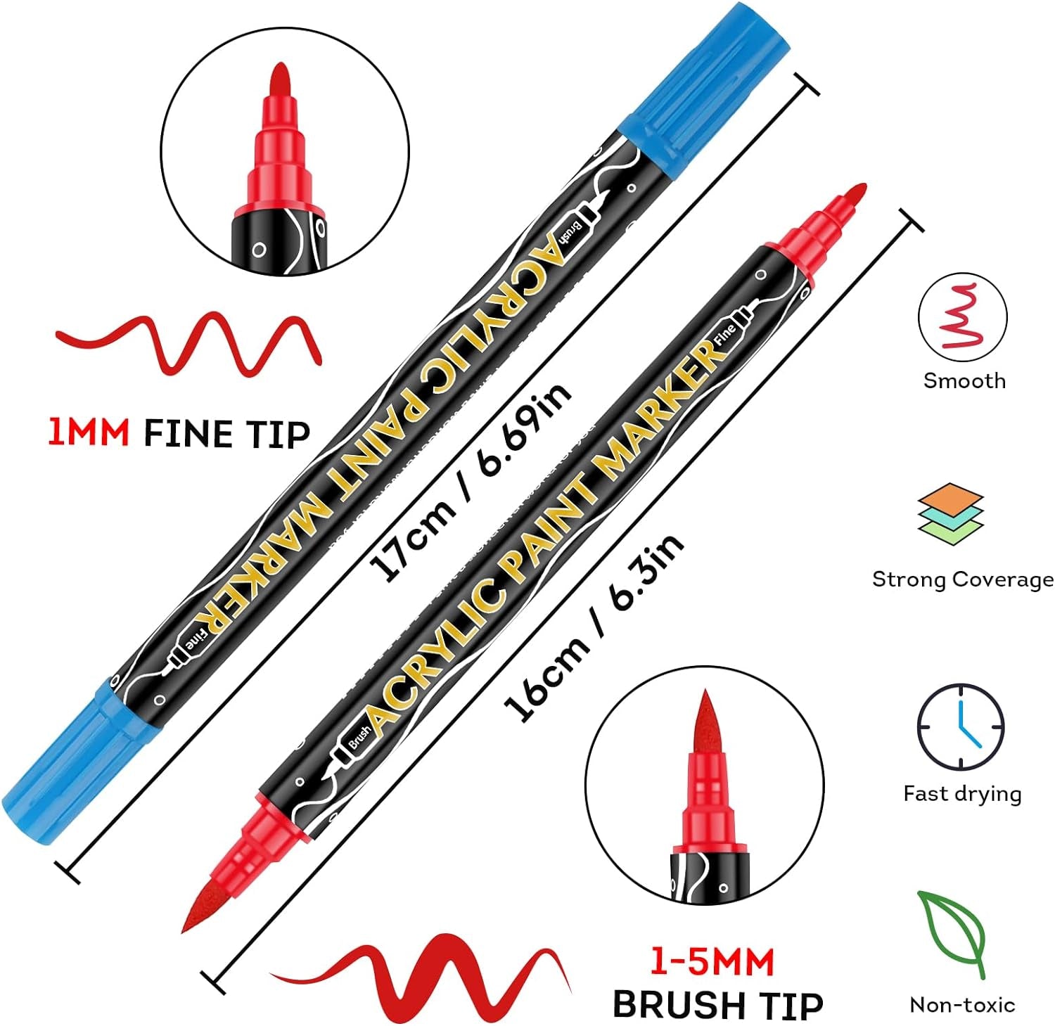 Dual Tip Acrylic Paint Markers,48 Colors Dual Tip Acrylic Paint Pens Paint Markers,Includes 10 Metallic Brush Tip Fine Tip Paint Markers for Rock Painting,Plastic,Canvas and Diy Crafts Art Supplies