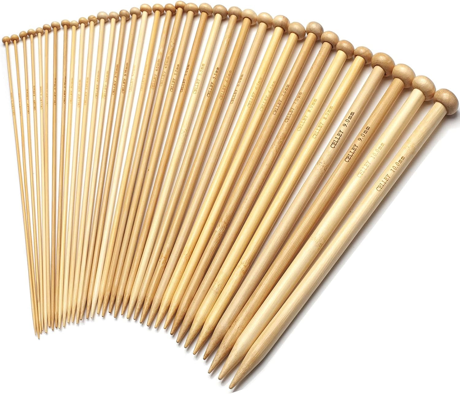 Single Point Bamboo Knitting Needles 14 Inch, 18 Pairs Wooden Knitting Needles for Beginners, US Size 0-15 (2.0-10.0Mm), Straight Wood Needles Prefect for Sweaters, Socks, Shawl, Gloves and Scarf