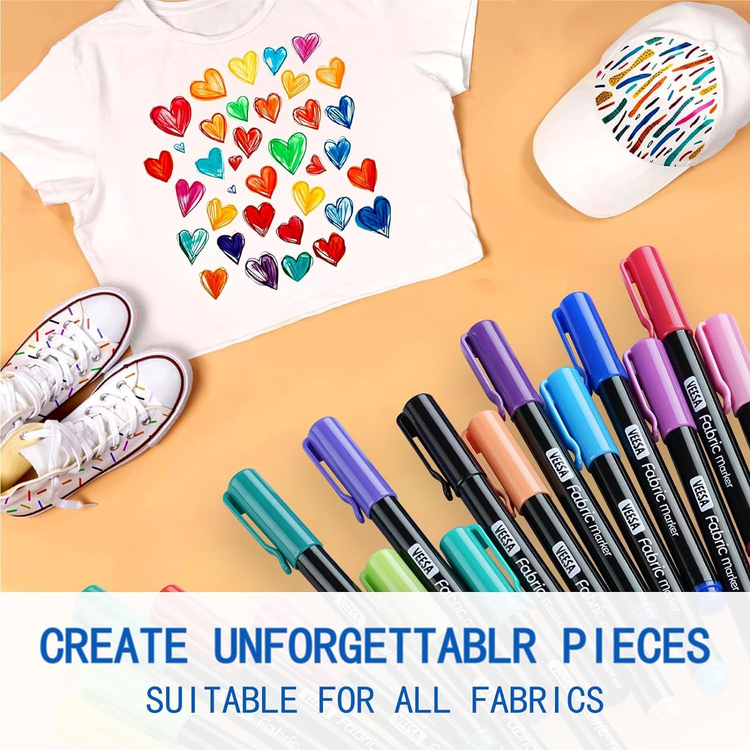 24 Colors Fabric Markers, Permanent Fabric Paint Marker for Clothes, Fine Point Textile Marker Pen for T-Shirt Shoes, Non-Toxic & Kid Safe