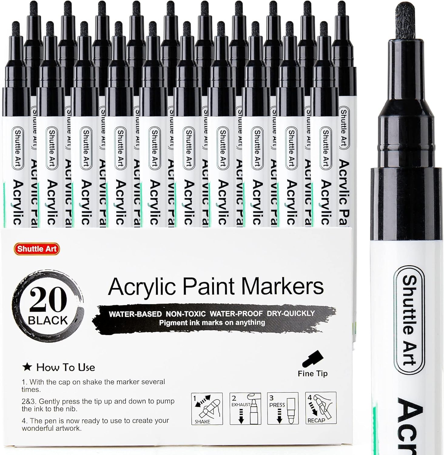 Black Paint Pens, 20 Pack Fine Tip Acrylic Paint Pens, Water-Based Quick Dry Paint Markers for Rock, Wood, Metal, Plastic, Glass, Canvas, Ceramic