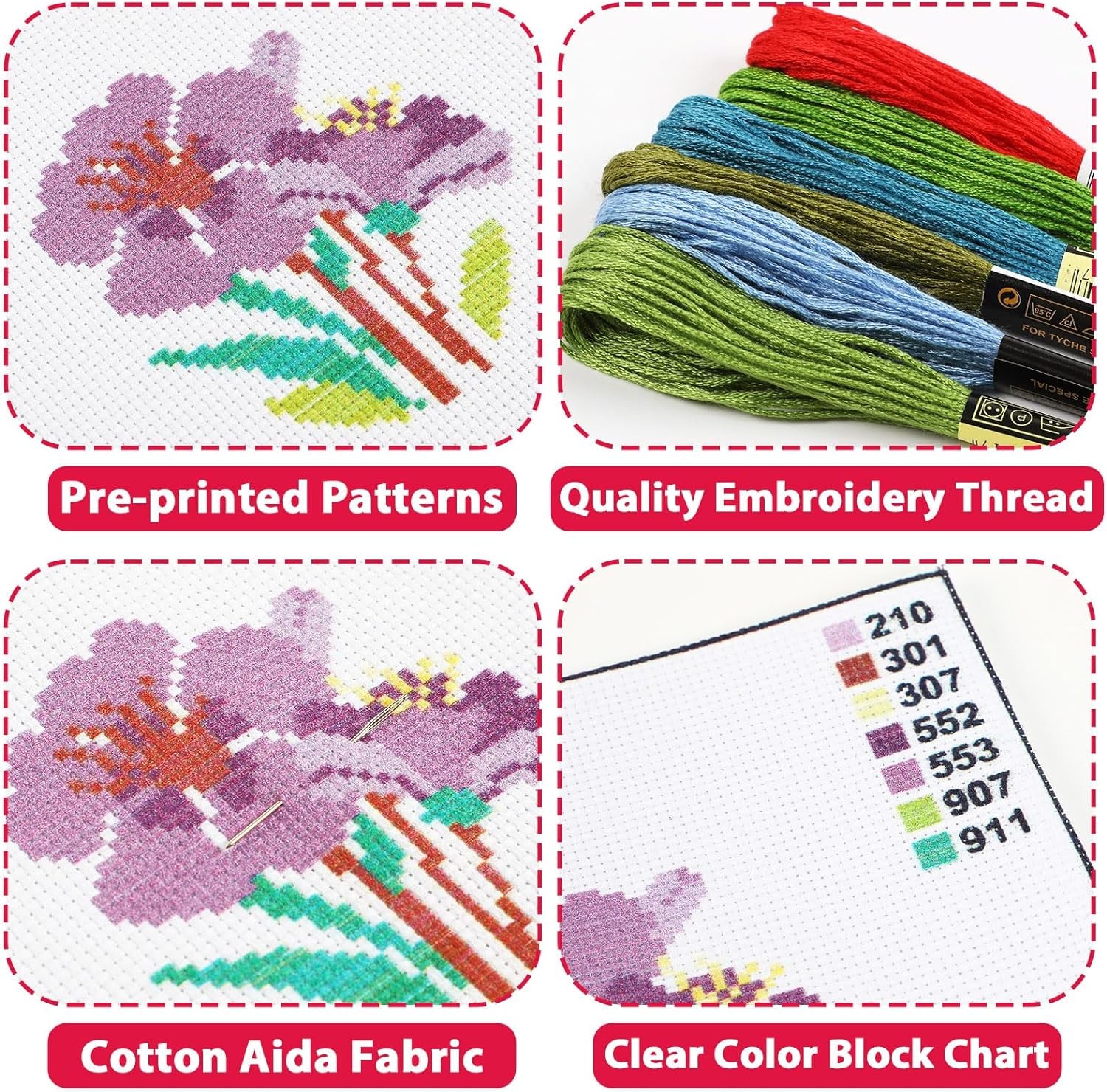 6PCS Cross Stitch Kits for Beginners DIY Embroidery Kit for Kids Adults Birthday Back to School Gift Spring Summer Flower Needlepoint Patterns with 2 Embroidery Hoops Craft Supplies
