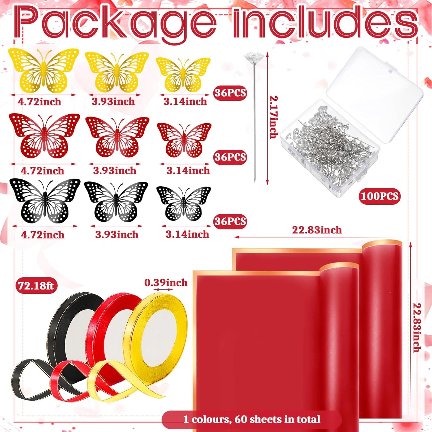 243 Pcs Flower Bouquet Wrapping Paper Waterproof Floral Wrapping Paper Florist Supplies with Butterfly Decoration Crowns Ribbons Bouquet Pin Glue for DIY Craft (Red, Black, Gold)