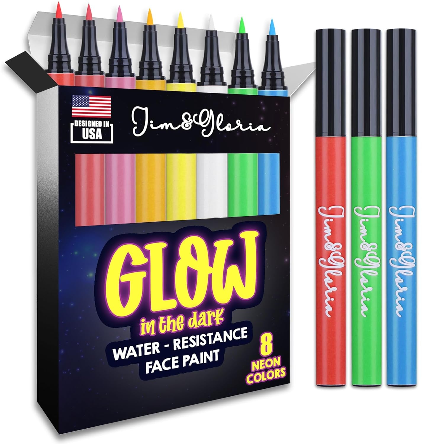 Water-Resistant Face Paint Pen Glow in the Dark under UV Light 8 Neon Rainbow Colors Smudge Proof Waterproof Body Painting Kit for Kids Tattoo Skin Markers Eye Makeup for Halloween