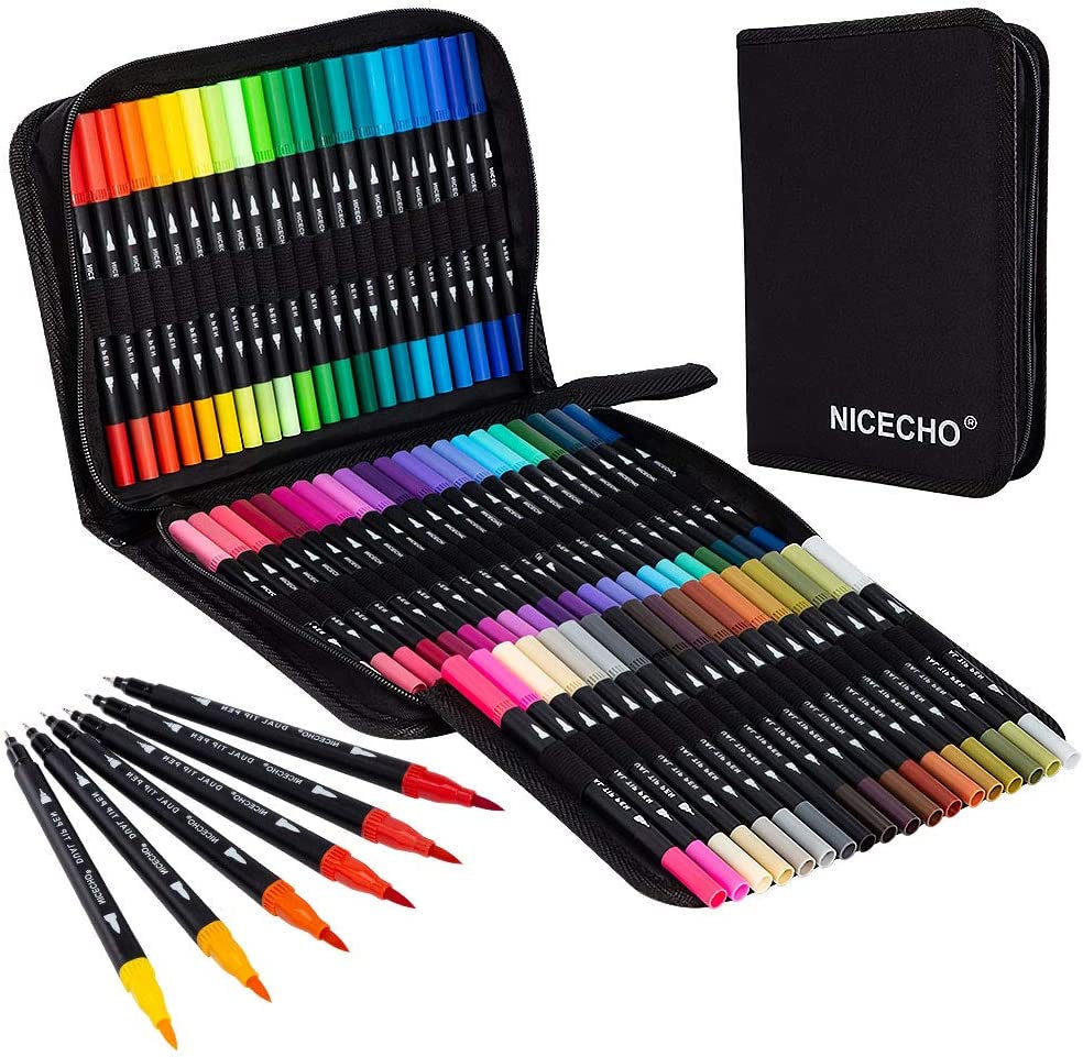 Art Markers Dual Brush Pens for Coloring, 60 Artist Colored Marker Set, Fine and Brush Tip Pen Art Supplier for Adult Coloring Books, Bullet Journaling, Drawing