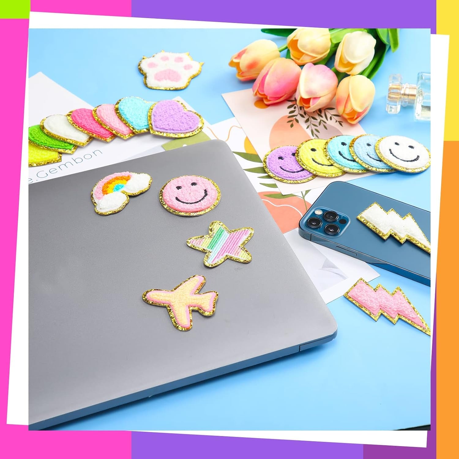 40 Pcs Self Adhesive Chenille Patches Colorful Cute Chenille Embroidered Patches Glitter Chenille Patches Sticker Applique for Clothing Fabric Jacket DIY Backpack Repair Decor(Cute)