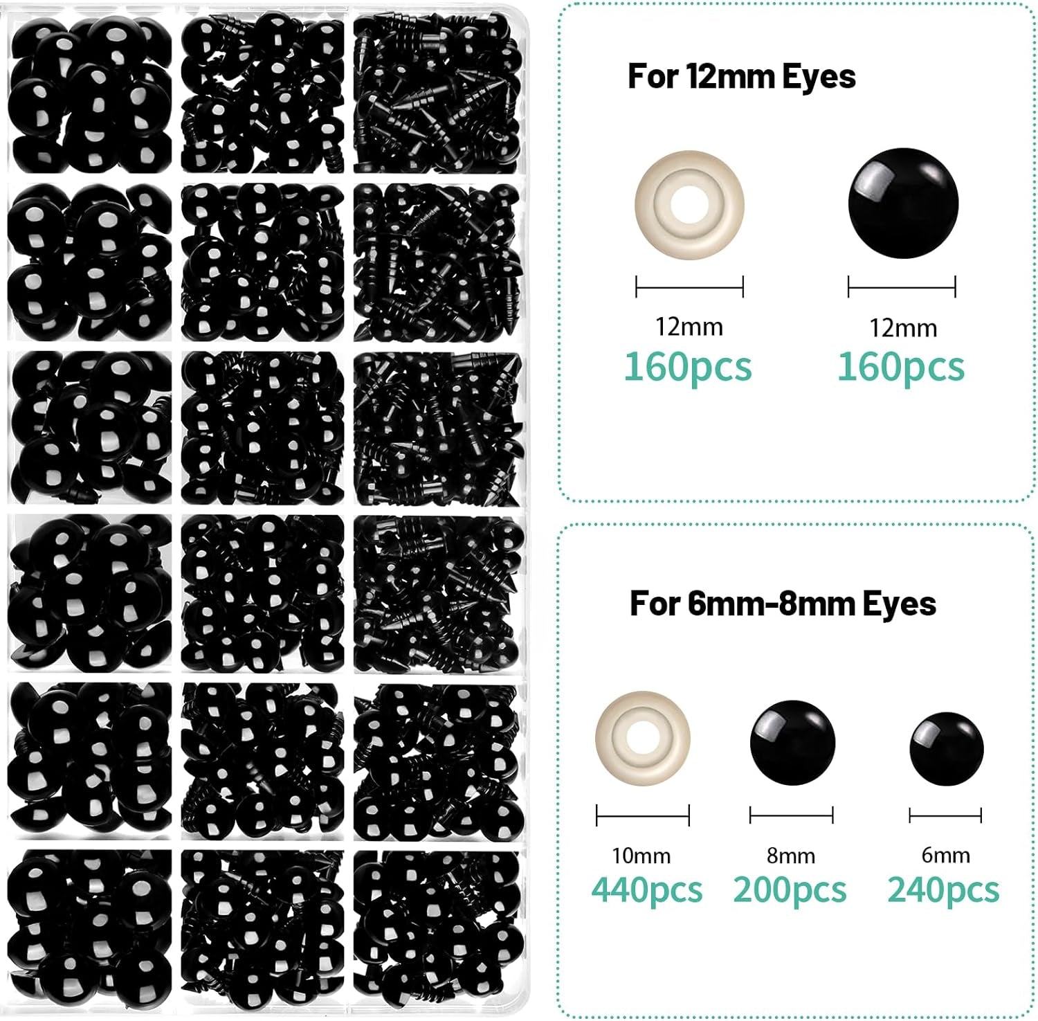 1200PCS Safety Eyes for Amigurumi, Stuffed Crochet Eyes with Washers 6Mm, 8Mm, 12Mm Plastic Crochet Safety Eyes Black Safety Eyes for Crochet Stuffed Animal Eyes for Craft Teddy Bear 6