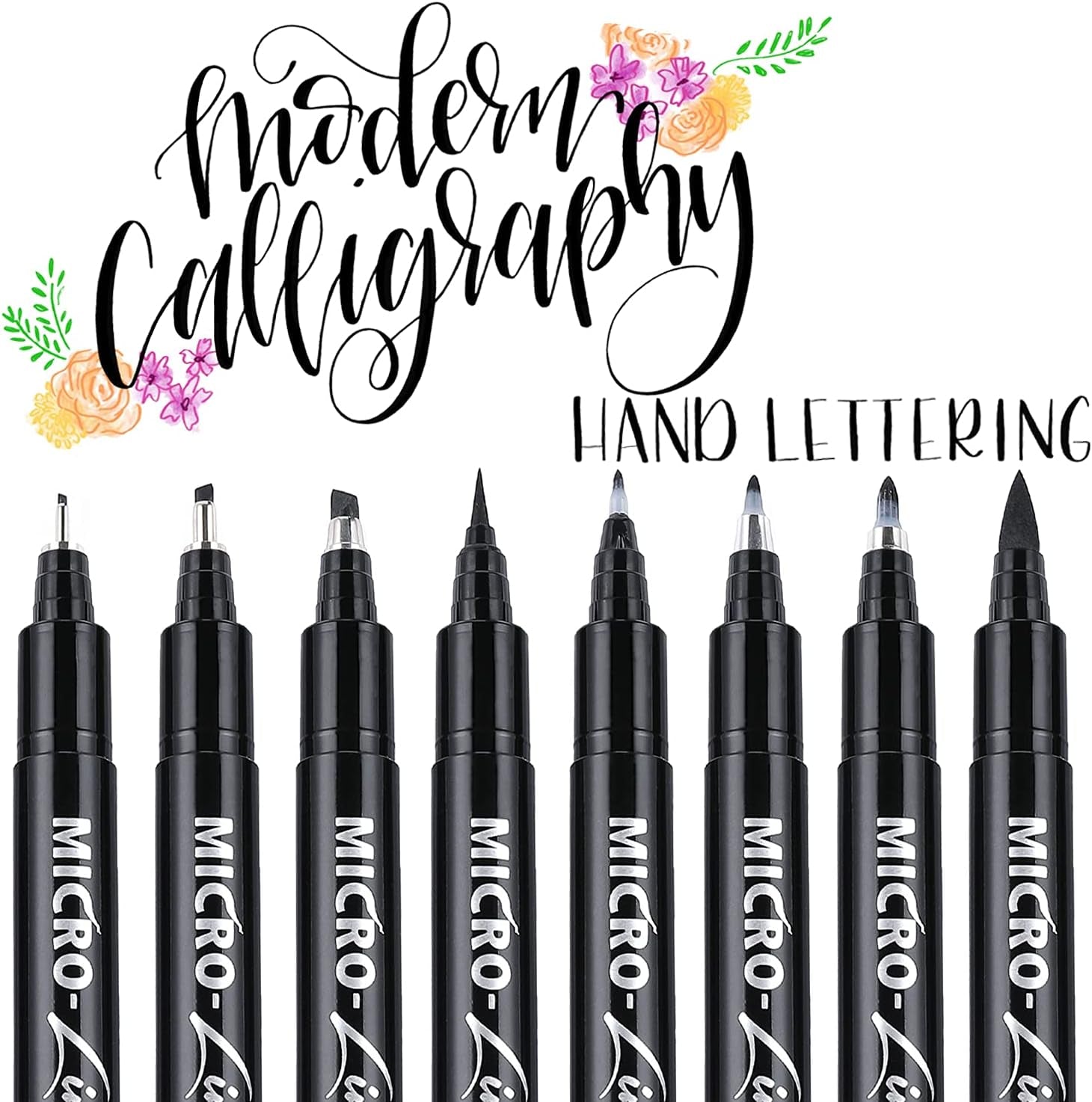 Hand Lettering Pens, Calligraphy Brush Pens Art Markers for Beginners Writing, Sketching, Drawing, Illustration, Scrapbooking, Journaling, Black Ink Pen Set, 8 Sizes