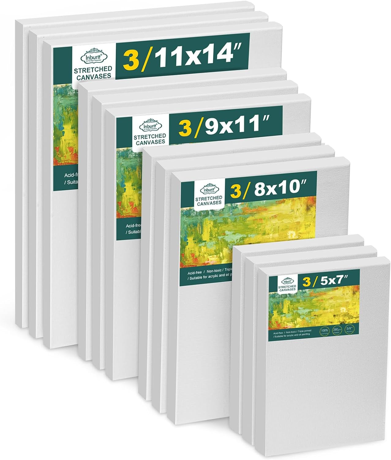 12 Pack Stretched Canvases for Painting with 11X14, 9 X12, 8X10, 5X7(3 of Each), Blank Primed Canvas for Oil, Acrylic & Others, Multi Size Set for Artist, Student and Beginners