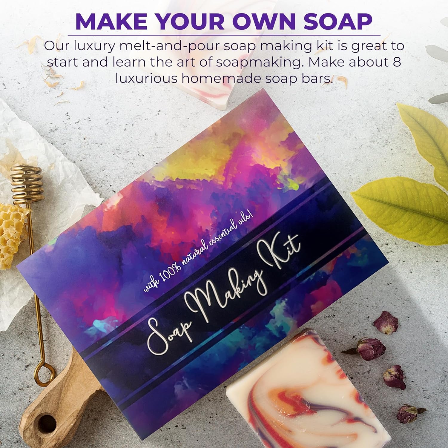 Soap Making Kit for Adults, Make Your Own Soap with Melt and Pour Diy Natural Soap Supplies; 6 Essential Oils, Silicone Soap Mold, Spoon, Dried Flowers, 2Lbs. Shea Butter Soap Base, 4 Colors, 9 Labels