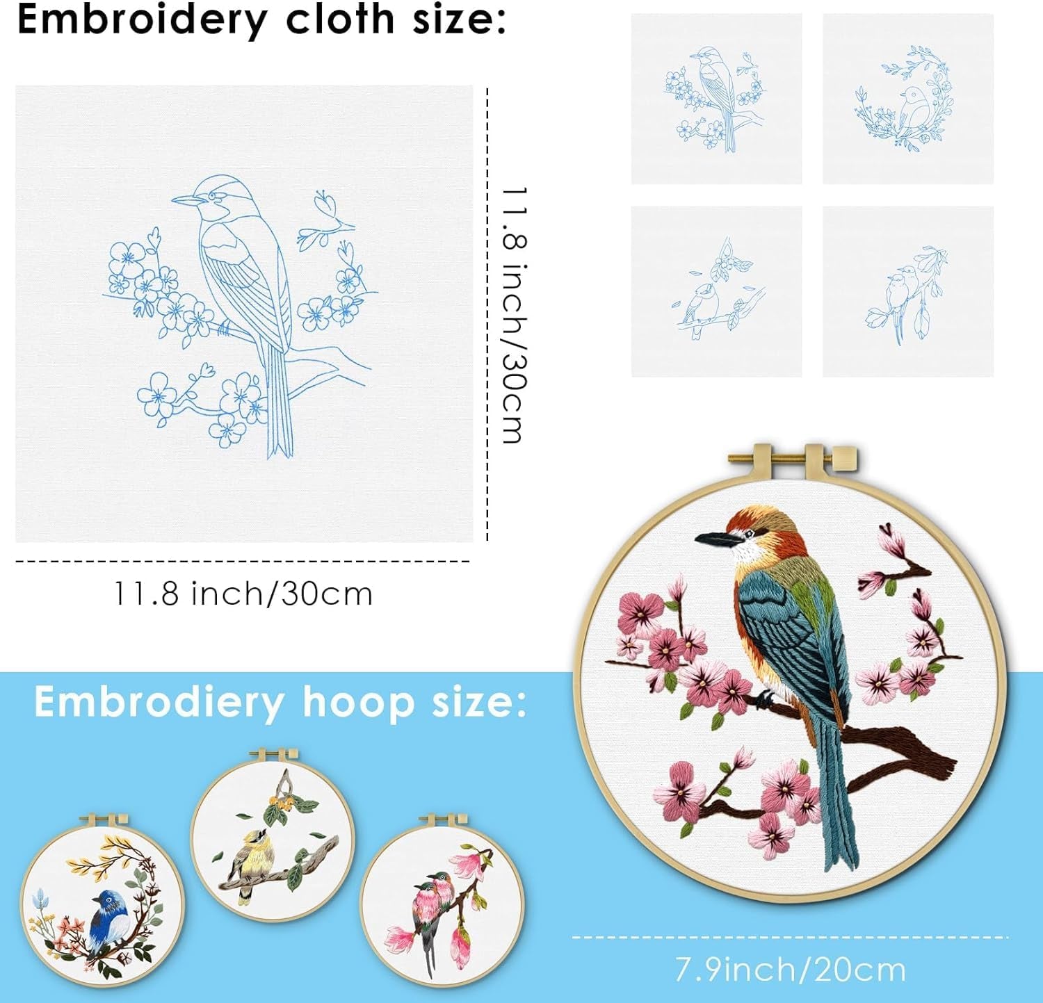 4 Sets Embroidery Kit for Beginners, Art Craft Handy Sewing Set Hummingbird and Flower Cross Stitch Starter Kits, DIY Embroidery Kits with Patterns and Instructions Hoops Needles Threads