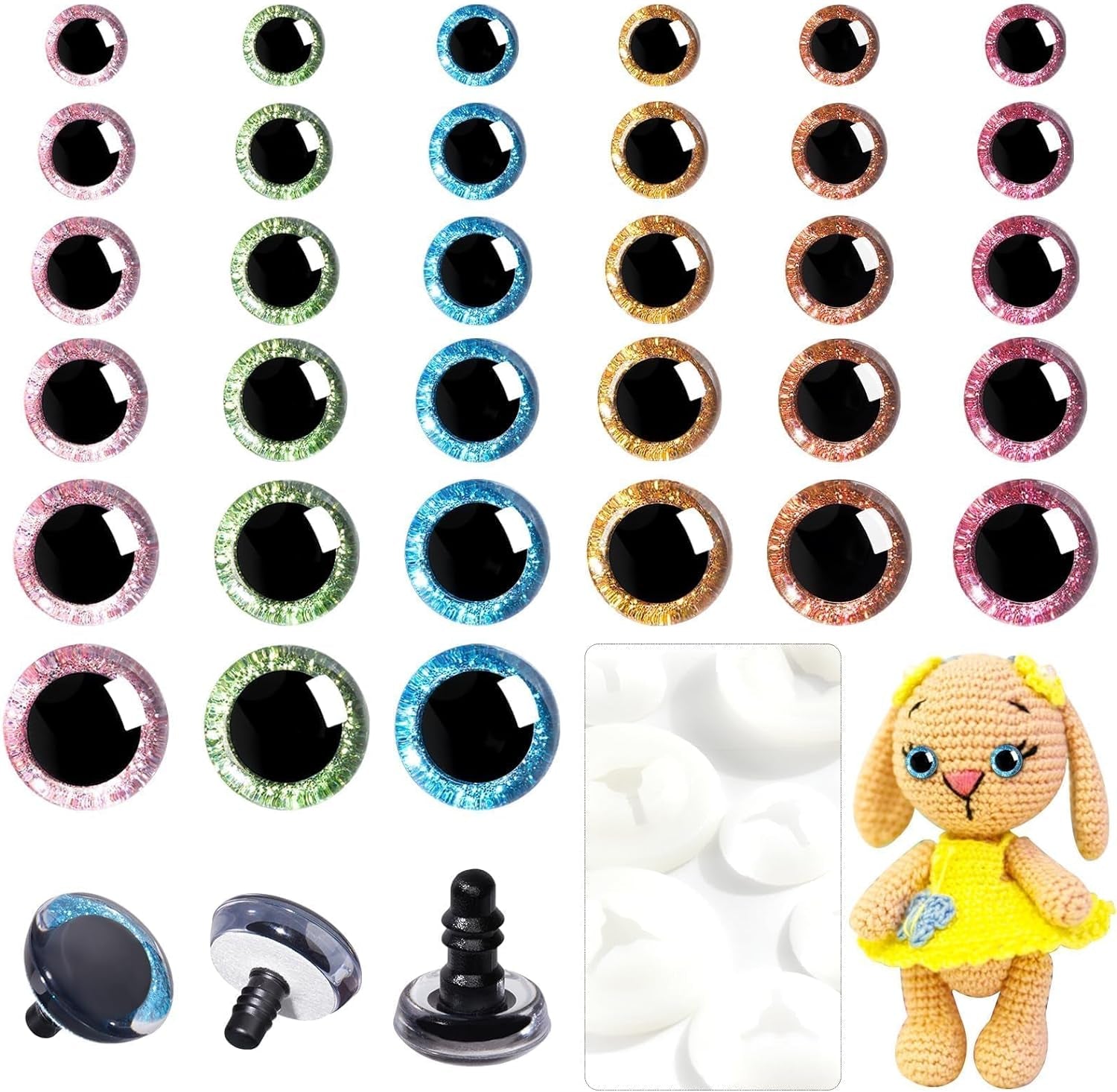 180 Pcs 3D Glitter Safety Eyes for Amigurumi with Washers 12-30Mm Trapezoid Safety Eyes for Crochet Animals Doll Eyes for Crocheting Stuffed Animal Eyes for DIY Christmas Decoration(6 Colors)
