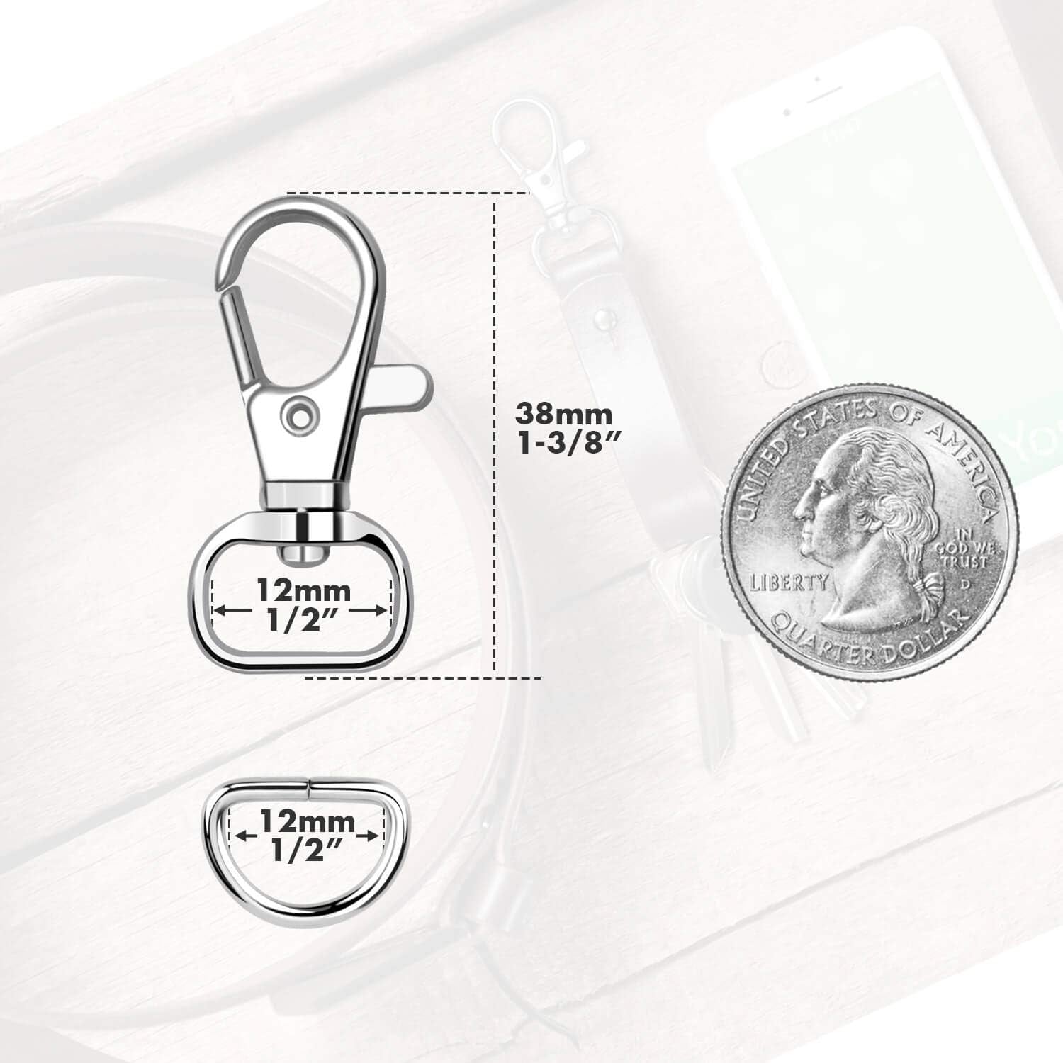 100Pcs Key Chain Clip Hook and D Rings Set Include 50Pcs Swivel Snap Hooks Lanyard Clips and 50Pcs D Rings for Keychain and Purse Hardware (1/2” inside Width)