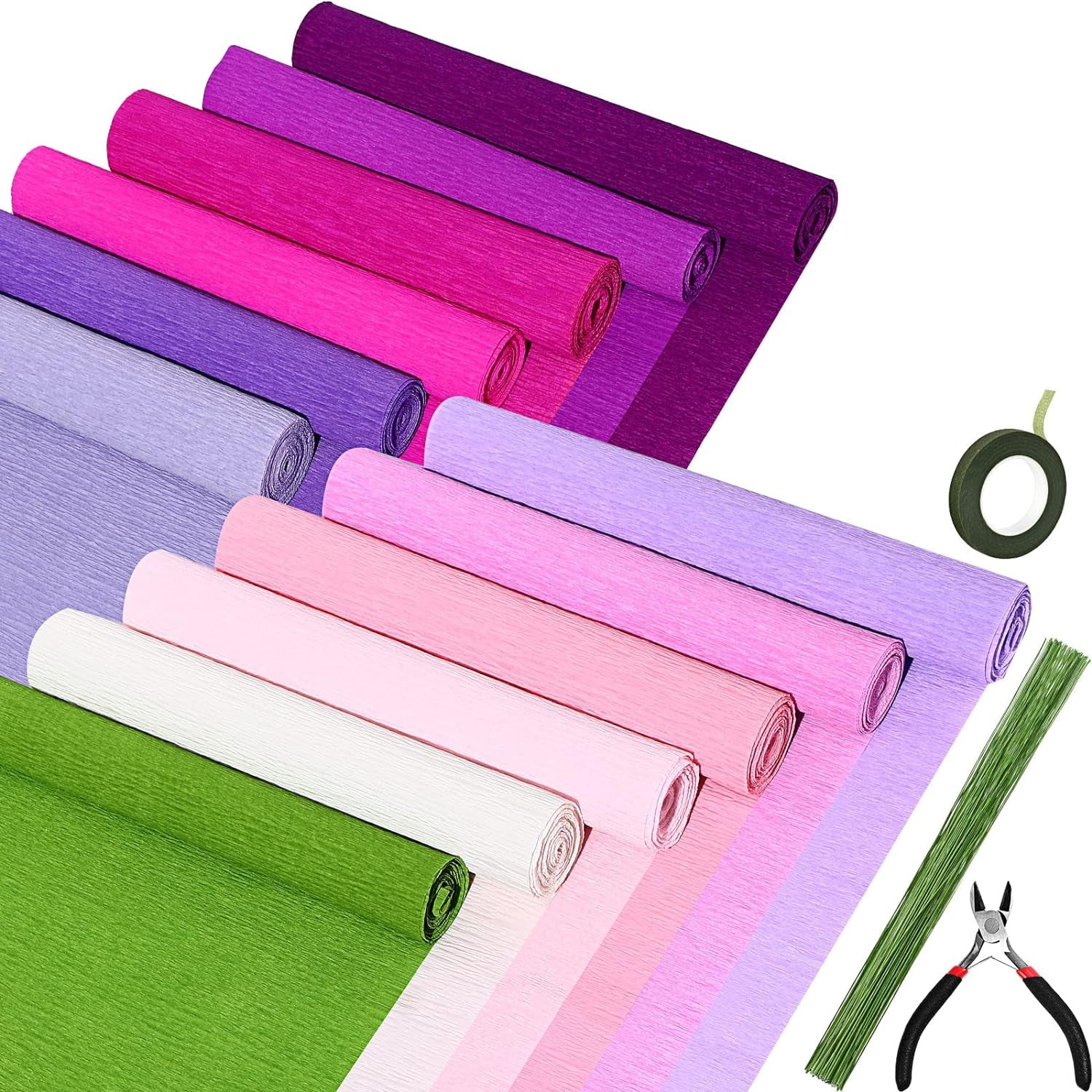 12 Rolls 8 Feet Crepe Paper Sheets Rolls 10 Inch Crepe Paper Streamer 103 Pcs Floral Arrangement Kit Green Floral Tape Floral Wire Stems Wire Cutter for Wreath Flower Making(Elegant Colors)