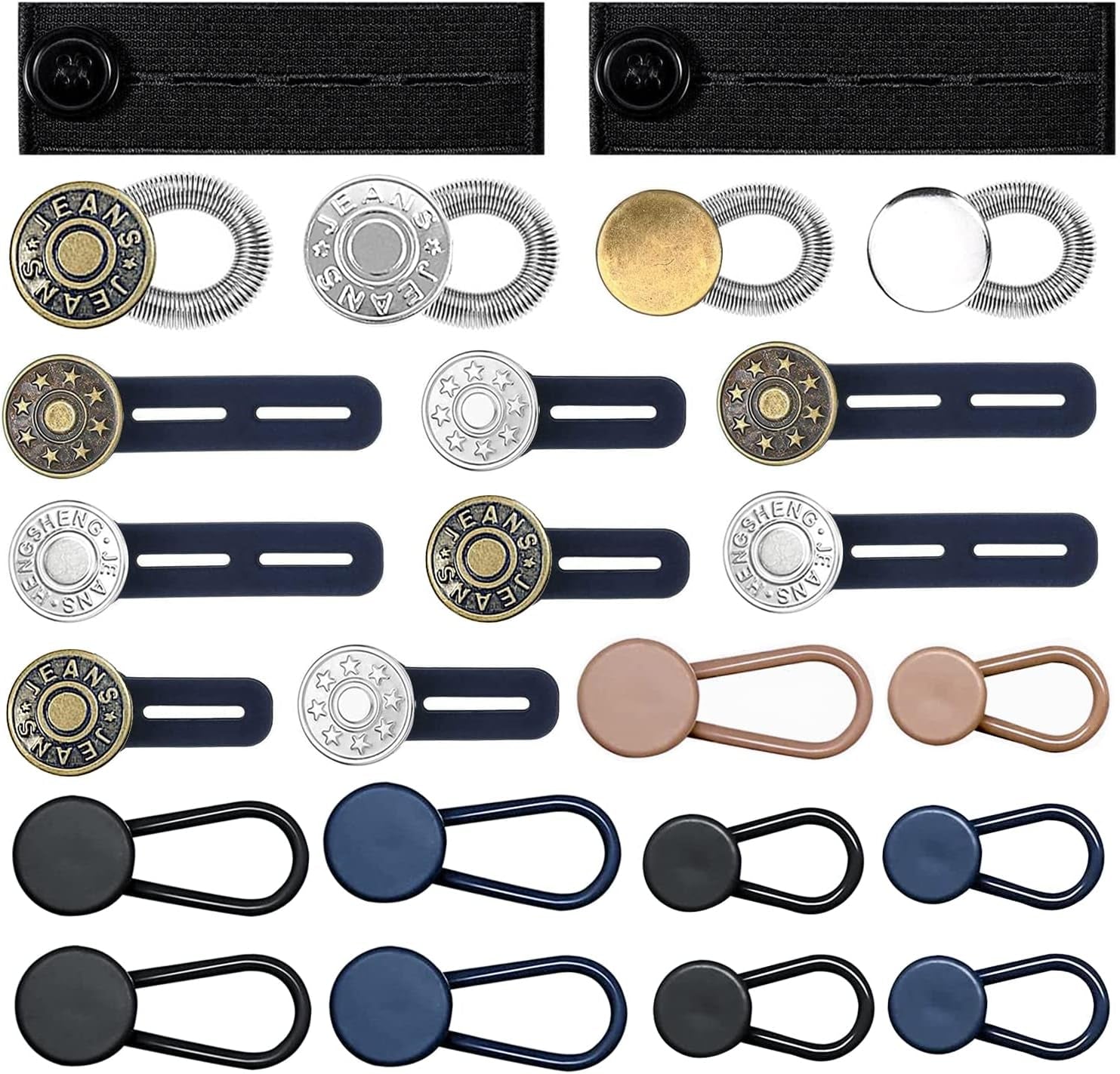 24 Pcs Button Extenders for Jeans, 6 Sizes Pants Button Waistband Extender, Flexible Adjustable Elastic Waist Extenders for Pants for Women Men, No-Sew Invisible Extenders Set Assorted Colors