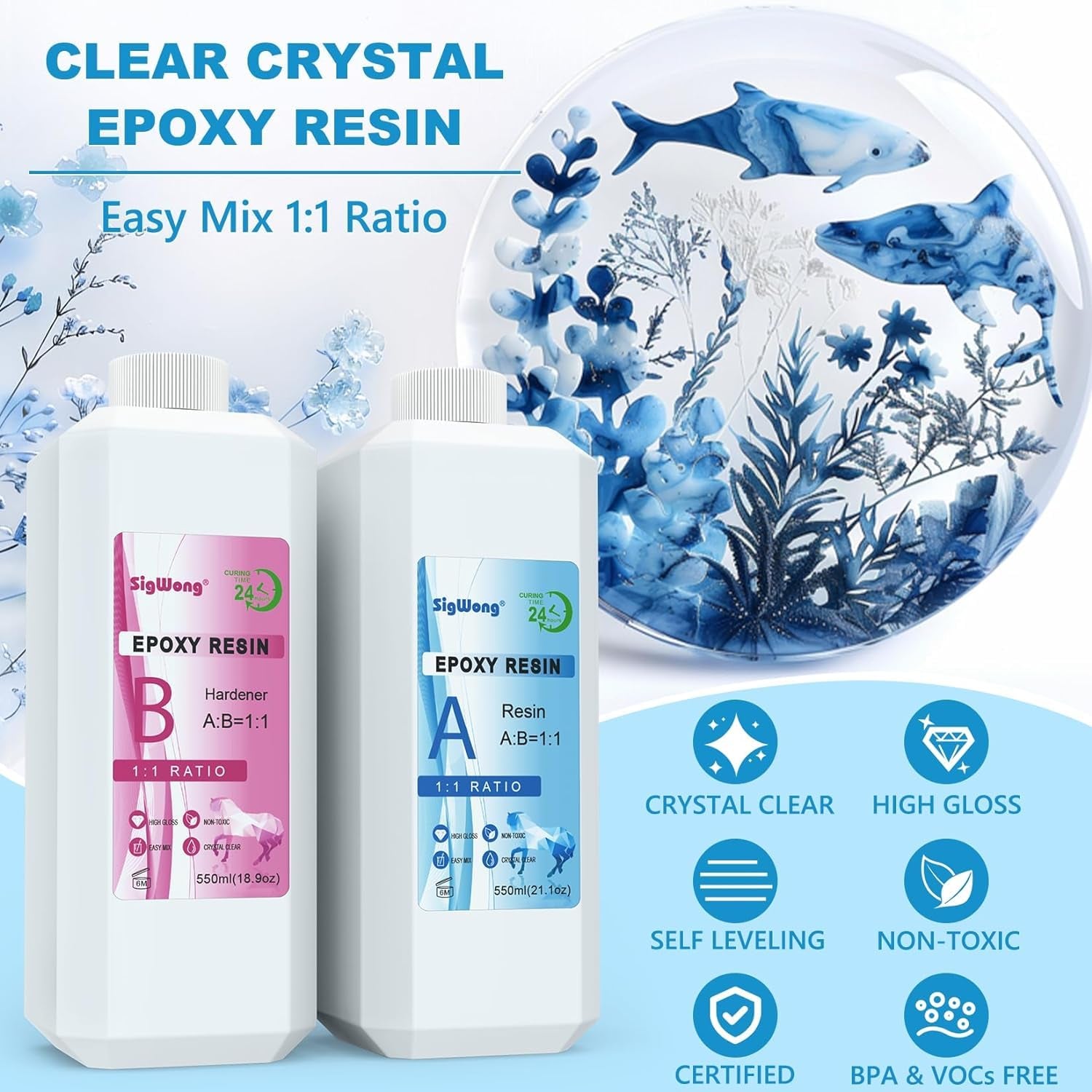 Epoxy Resin Clear Crystal Coating Kit 40Oz - 2 Part Casting Resin for Art, Craft, Jewelry Making, River Tables, Bonus Gloves, Measuring Cup, Wooden Sticks, Dropper, Gold Foil Flakes and Tweezers