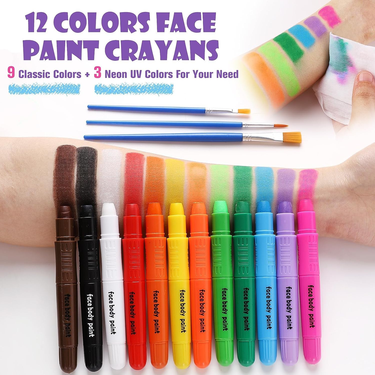 Face Painting Kits for Kids, 12 Colors Twistable Face Paint Sticks, 3 Type Brushes, Water Based Washable Face Paint Crayons Kit for Halloween Cosplay Makeup Body Paints for Children Adult