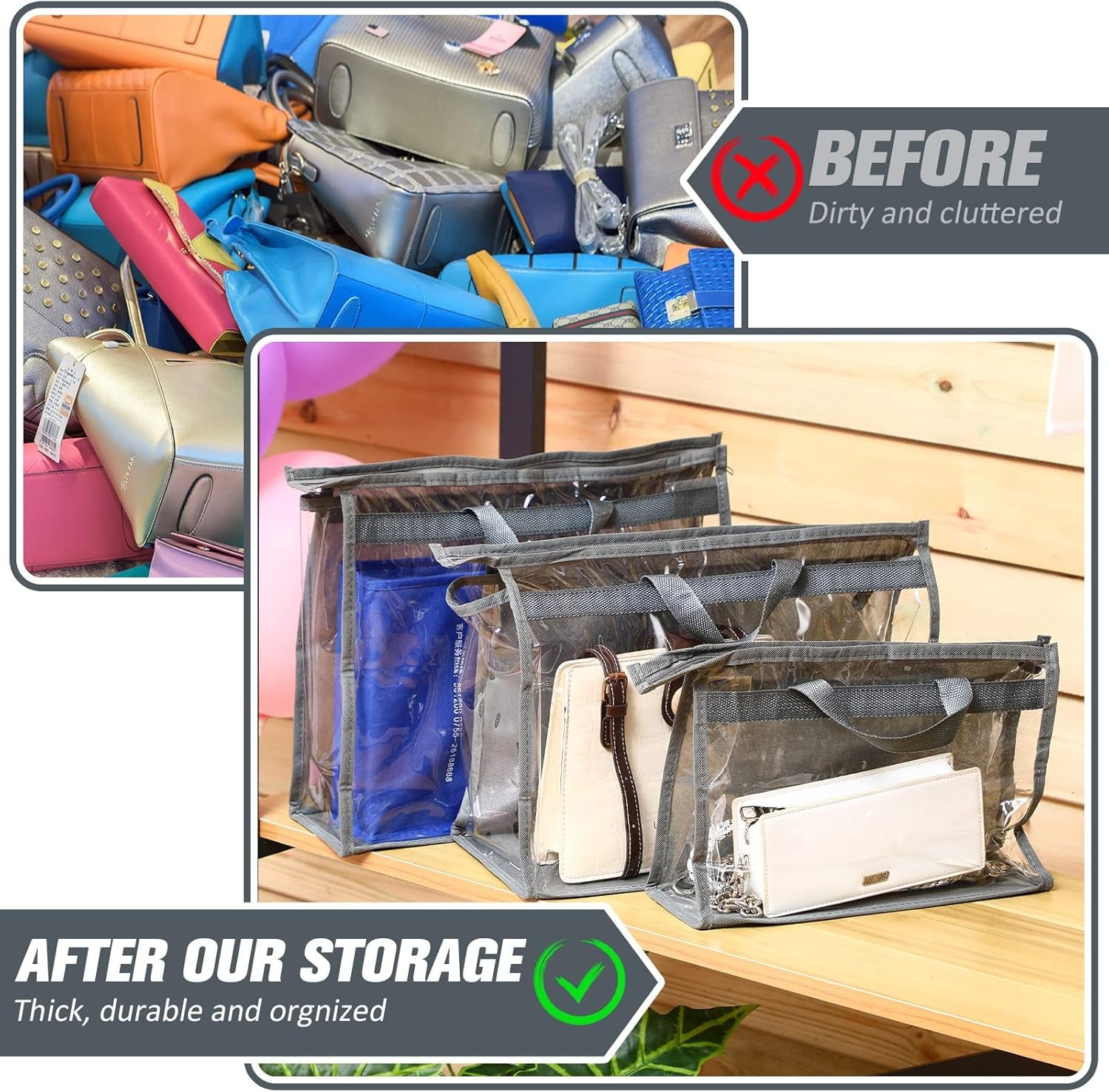 15 Pieces Dust Cover Organizer Bags for Handbags, 3 Sizes Clear Handbag Storage Bag Purse Storage with Zipper and Handles Dust Bags for Purses Handbags Closet, 5 Each Size (Gray)