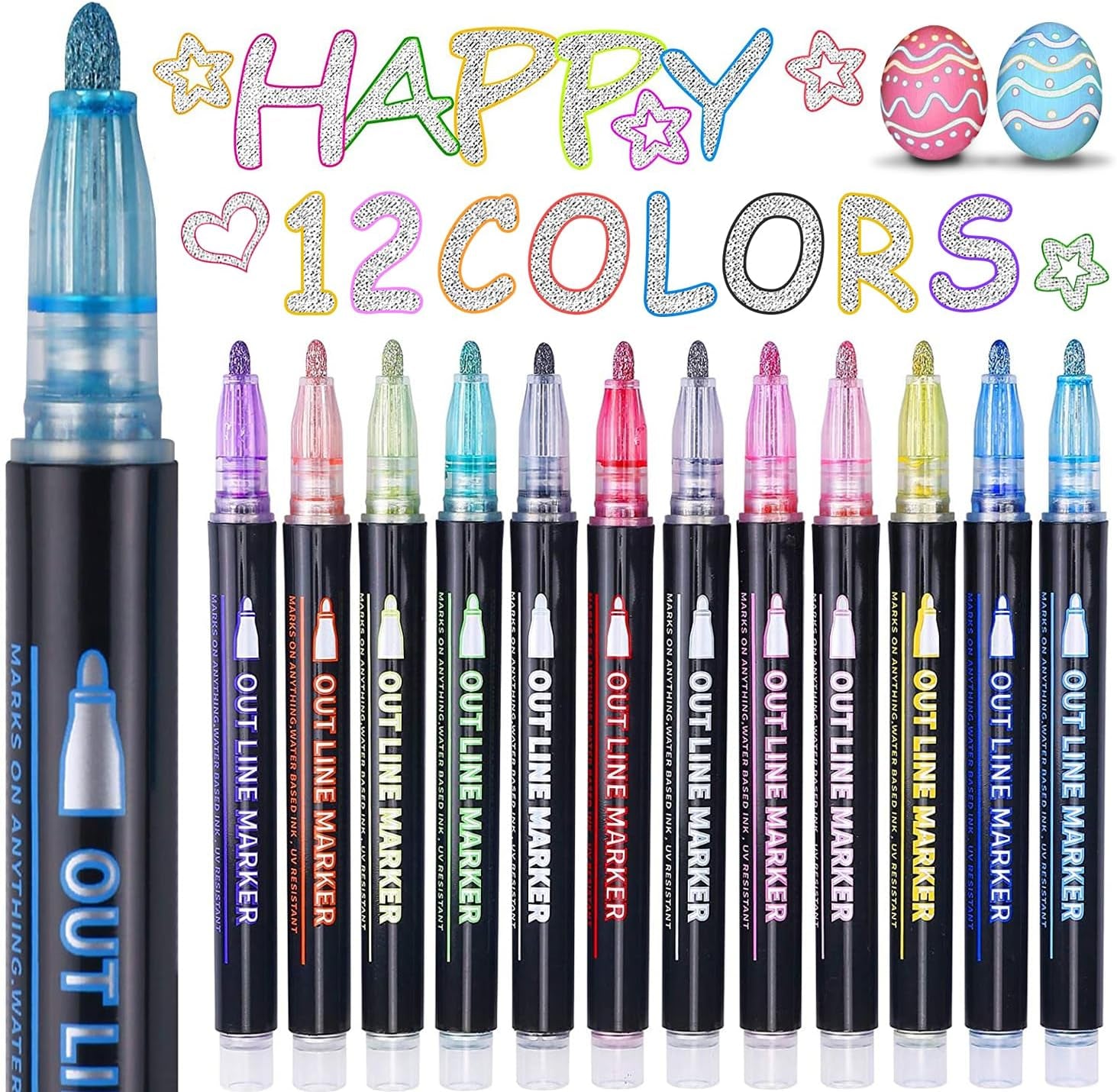 Shimmer Markers Outline Pens, Stocking Stuffers for Kids Teens, Teen Girl Girls Trendy Stuff, 12 Colors Metallic Markers for Drawing, Art Supplies, Arts Crafts, Gifts for 4-12 Year Old Girl
