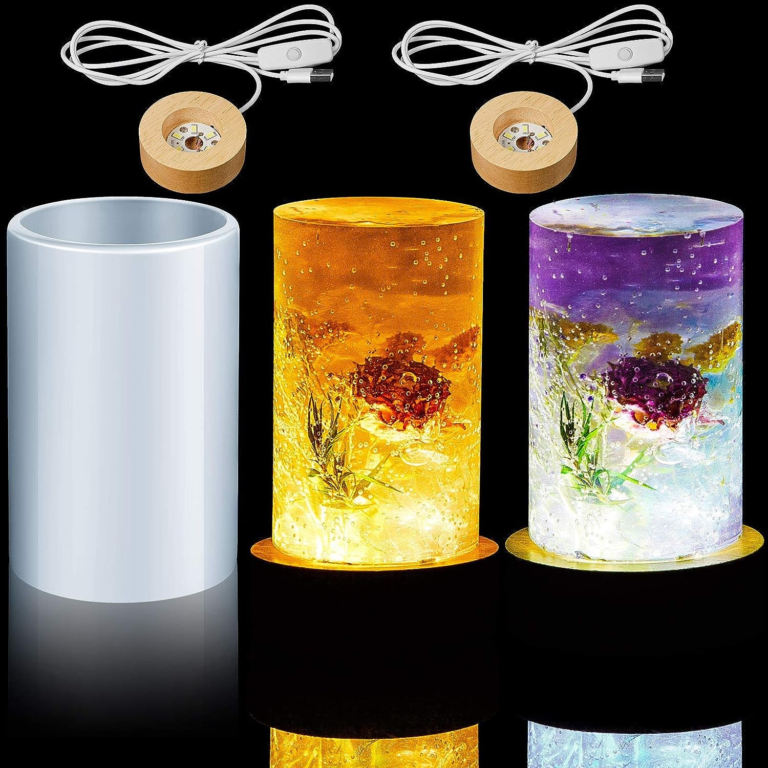 3 Pieces Cylinder Light Resin Silicone Mold Set, Include Resin Cylinder Light Mold and USB Powered Wooden Lighted Base Stand for DIY Table Candle Desktop Lamp Ornaments Home Decorations