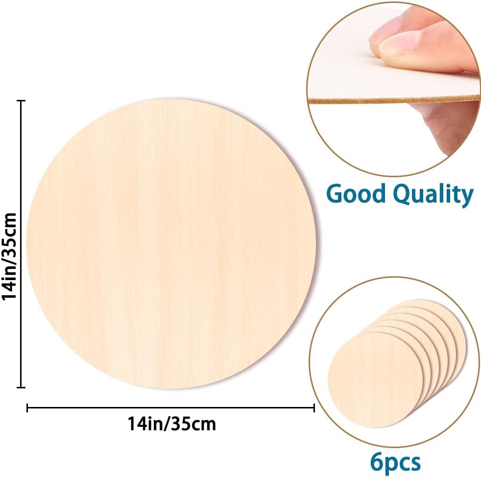 6PACK Wood Circles for Crafts，14 Inch Unfinished Wood Rounds Discs for Door Hanger Sign Blank, DIY Wooden Discs for Crafts Painting and Christmas Halloween Decoration