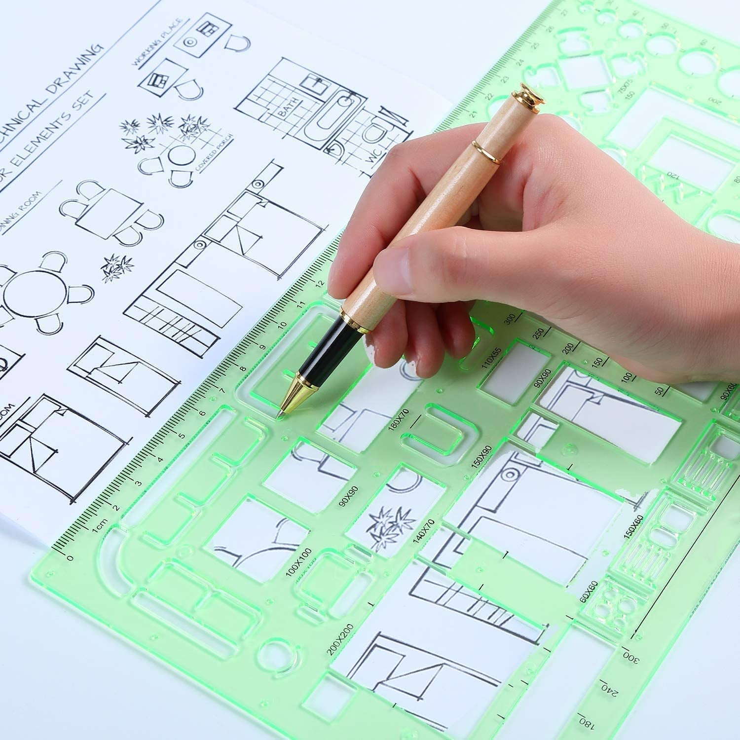 11 Piece Geometric Drawing Template Measuring Ruler, Transparent Green Plastic Ruler with Portable Plastic Bag For, for Studying, Designing and Building