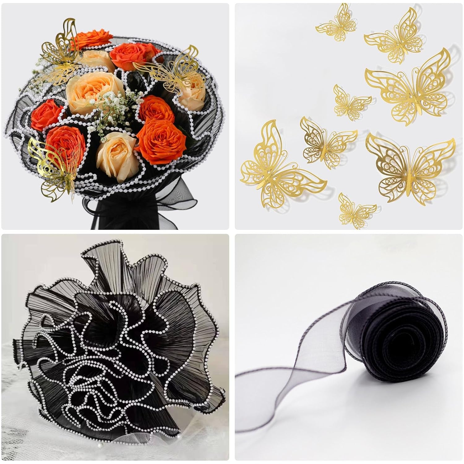 Black Flower Wrapping Paper Kit - 4.37 Yards Pearl Lace Mesh for Bouquets, Wave Tulle with Ribbons and 3D Butterflies - Floral Wrap Florist Supplies (Black)
