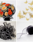 Black Flower Wrapping Paper Kit - 4.37 Yards Pearl Lace Mesh for Bouquets, Wave Tulle with Ribbons and 3D Butterflies - Floral Wrap Florist Supplies (Black)