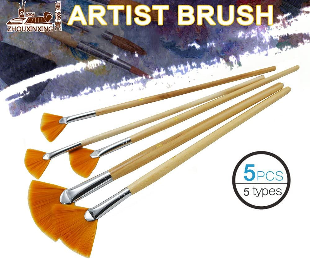 5Pcs/Set,Fan-Shaped Nylon Hair Short Wood Rod Brush Painting Drawing Supplies