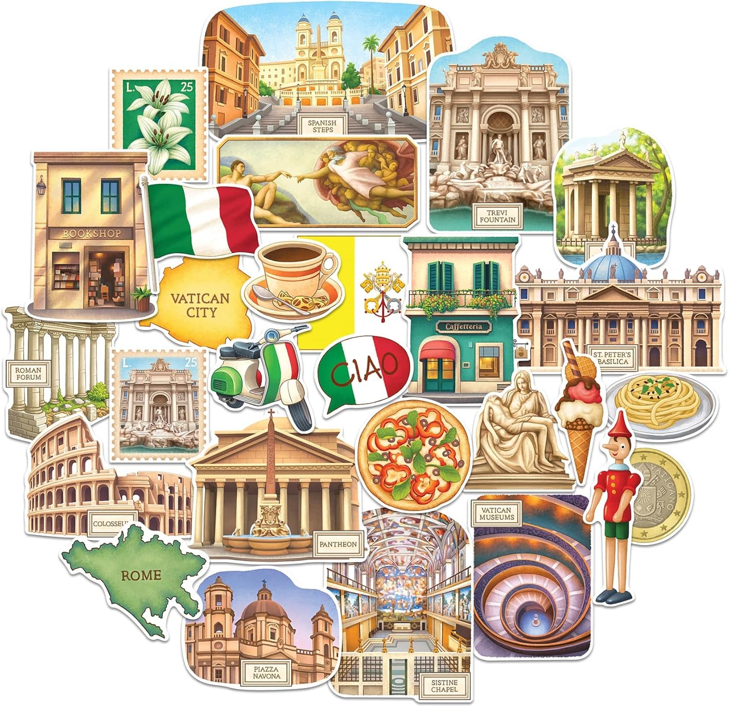 Historical Rome Travel Stickers (28Pcs) - Gouache Style, Waterproof, Italy Roman Vatican-Themed Vacation Decals for Scrapbooks, Waterbottle
