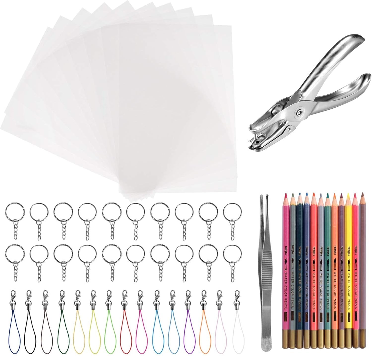 64Pcs Heat Shrink Plastic Sheets&amp; Shrinky Art Paper Kit with 15PCS Clear Plastic Blank Sheets, Hole Punch, Keychains, Colored Lobster Clasp, Pencils for Kids Creative DIY Handmade Craft