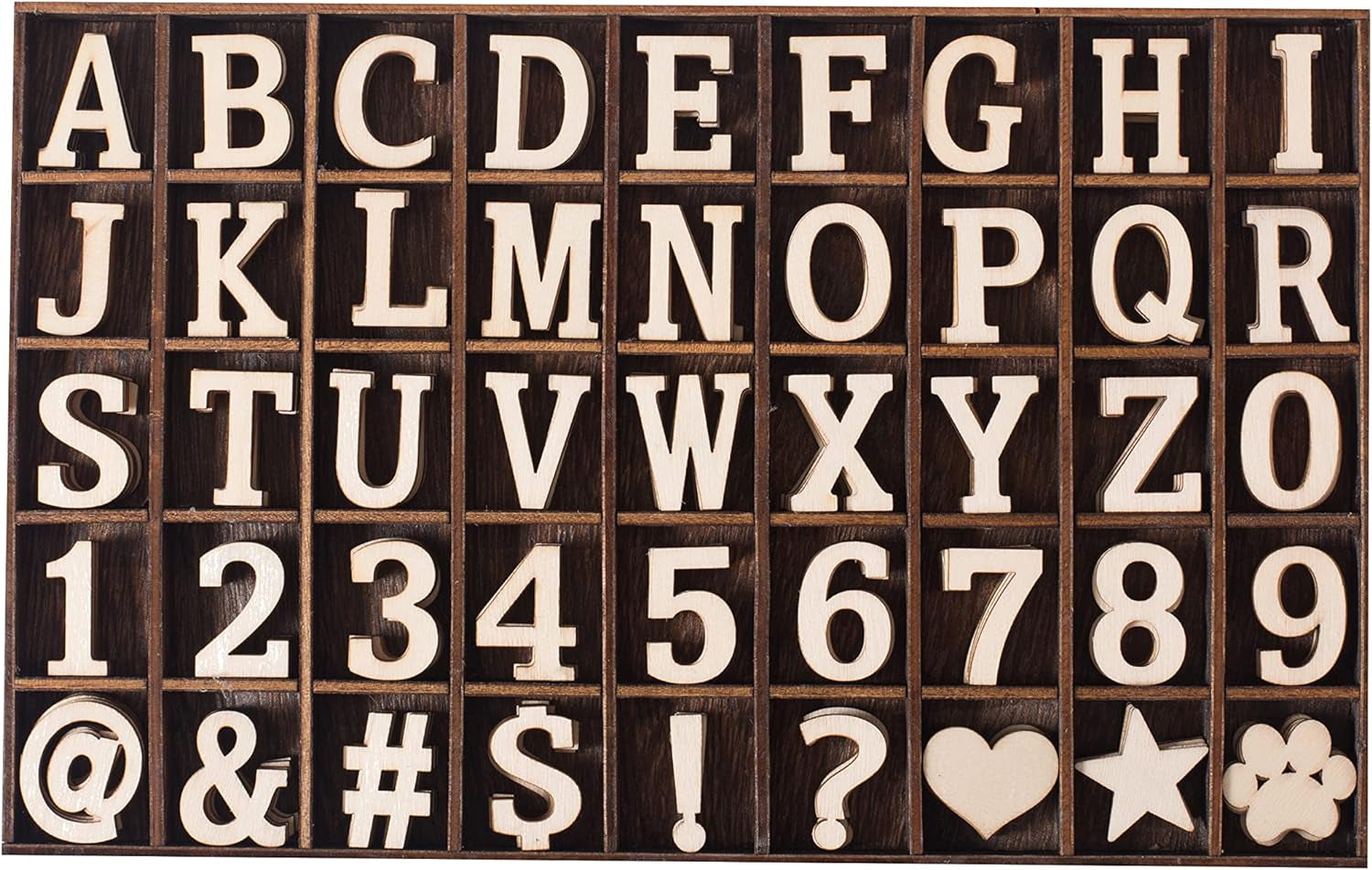 270 Pieces 1 Inch Wood Alphabet Letters Wooden Numbers Mini Blank Wood Symbols Unfinished Wood Heart Star Paw with Rustic Storage Tray for Home Decor Spelling Education Homemade Crafts Party Gifts