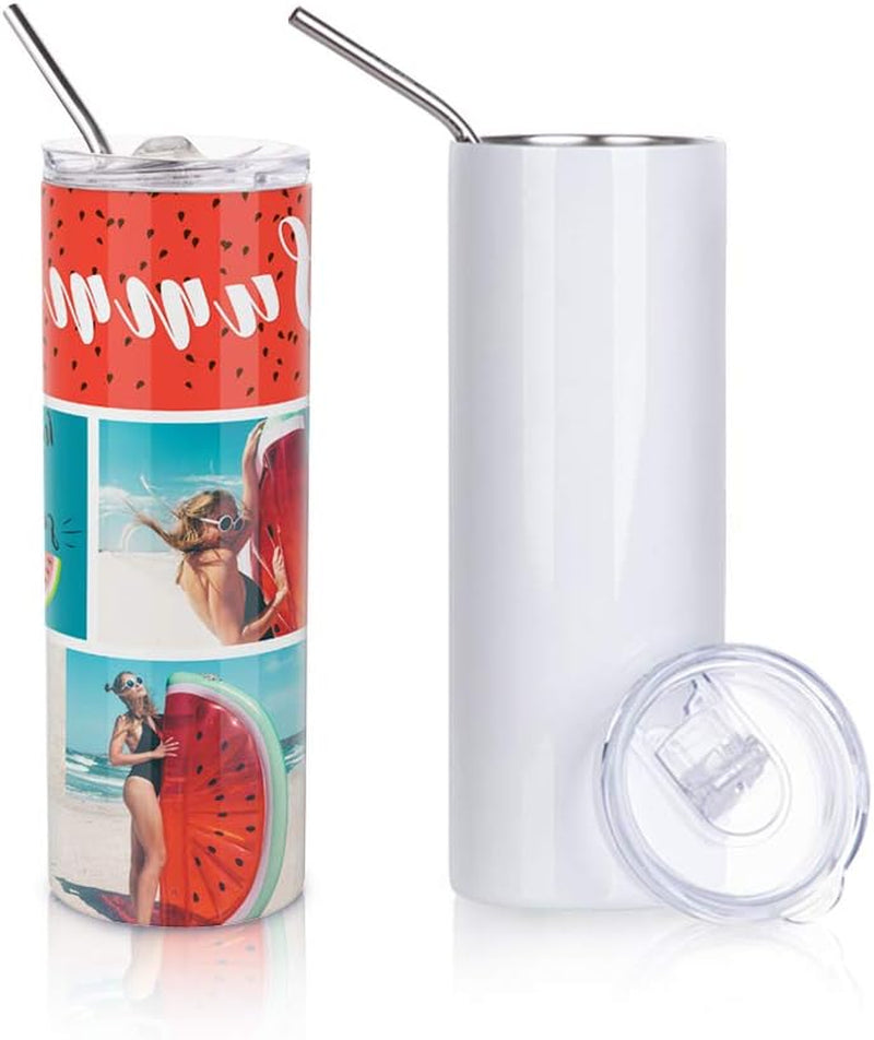 2 PCS Sublimation Blanks Skinny Tumbler White 20 OZ Straight Double Wall Stainless Steel Tumbler with Metal Straw Tumbler Cups for Tumbler Heat Press Machine Heat Transfer