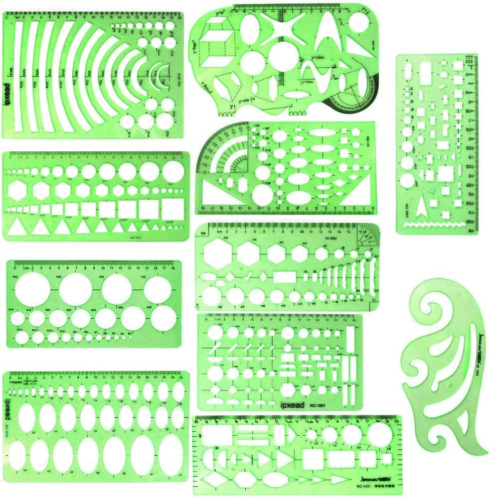 11 Piece Geometric Drawing Template Measuring Ruler, Transparent Green Plastic Ruler with Portable Plastic Bag For, for Studying, Designing and Building