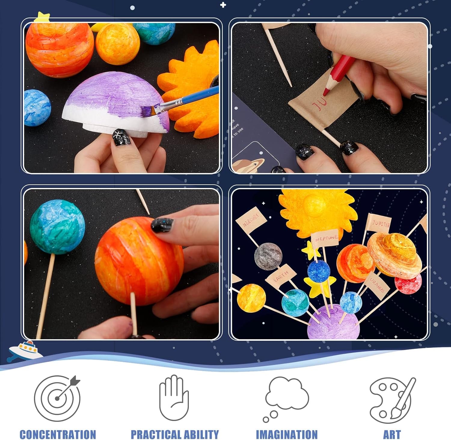 63PCS Solar System Foam Ball Kit Includes Color Pigments, Palette, Mixed Sized Polystyrene Spheres Balls, Toothpick Flag, Painting Brushes, Bamboo Sticks for School Science Projects